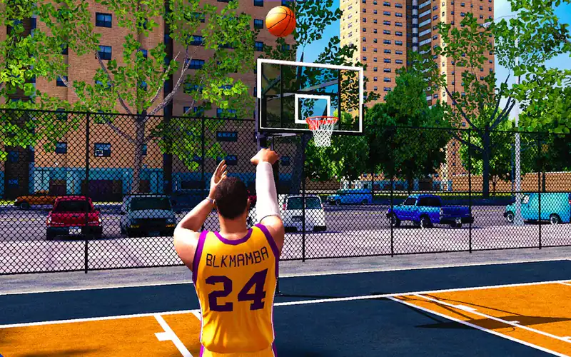 Captura de All Star Basketball: Shootout: jogador de amarelo lança ao cesto num campo de rua