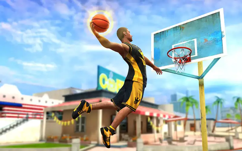 Captura de Basketball Stars: Multiplayer: jogador de amarelo e preto salta para afundar num campo junto à praia