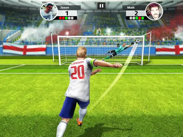 Captura de Football Strike: Online Soccer: o jogador com o número 20 marca um livre e o guarda-redes estica-se junto ao poste