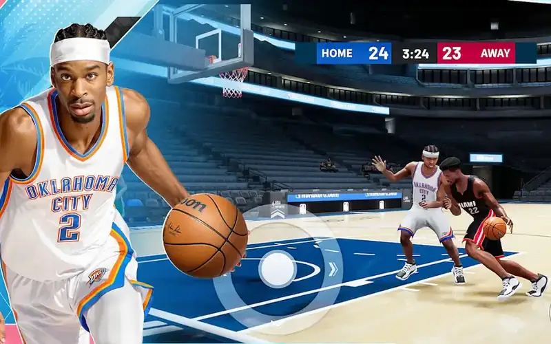 Captura de NBA Infinite - PvP Basketball: jogador com a camisola de Oklahoma City conduz a bola num pavilhão